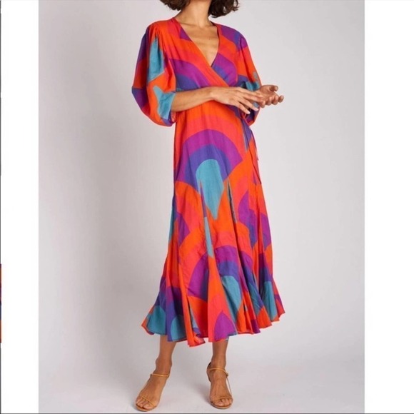 Rhode Resort Red Fiona Rainbow print cotton wrap dress XS - Picture 1 of 12
